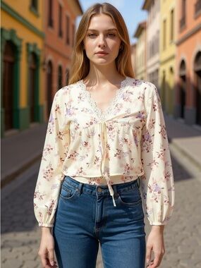 FEMININE NWOT Love Tree Floral Dainty Boho Blouse in Cream Size Medium
